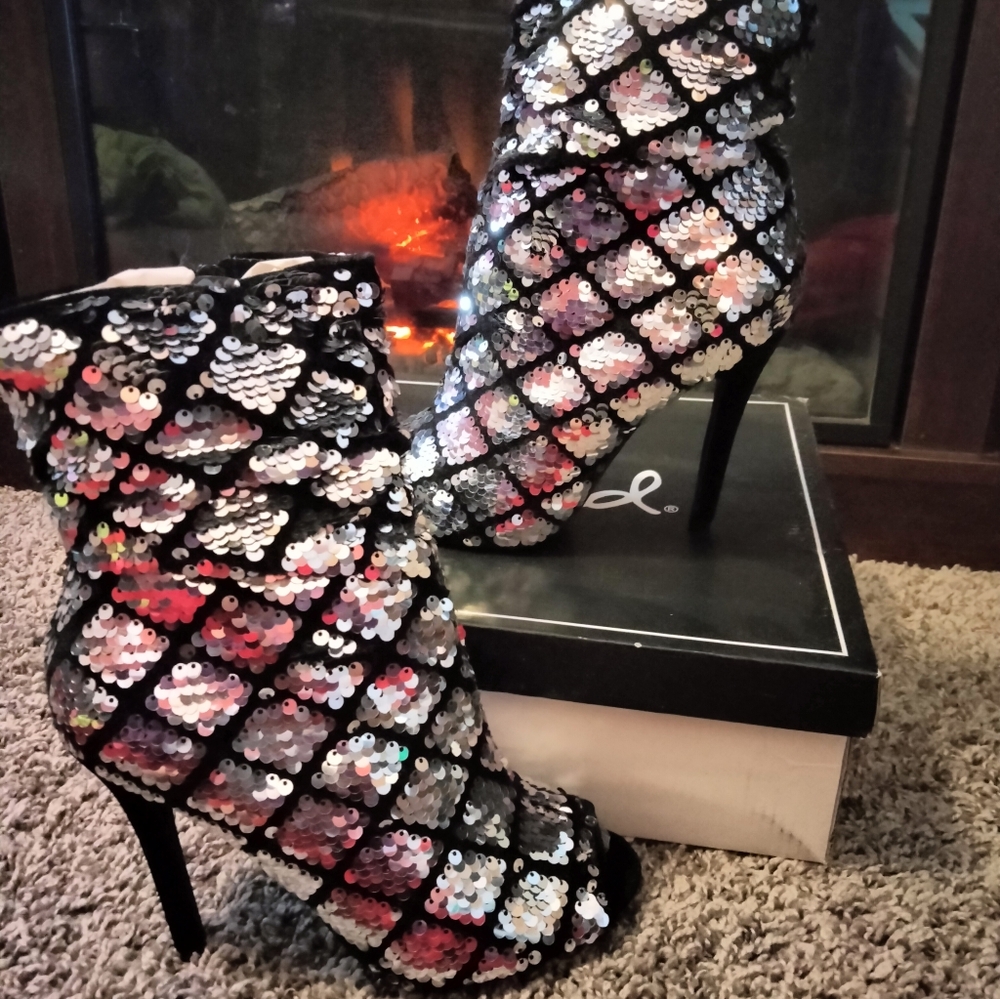 Sequin Ankle Boots - Black and Silver
